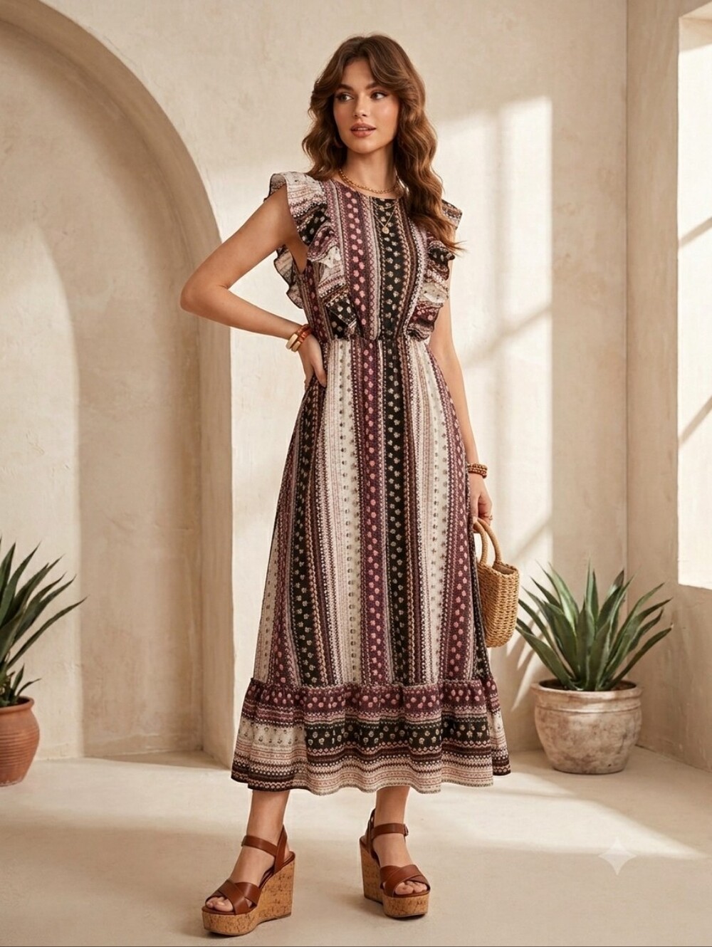 NEW Shein Vintage 70s Vibe Ruffled Tiered Boho Midi Dress in Brown Size Small